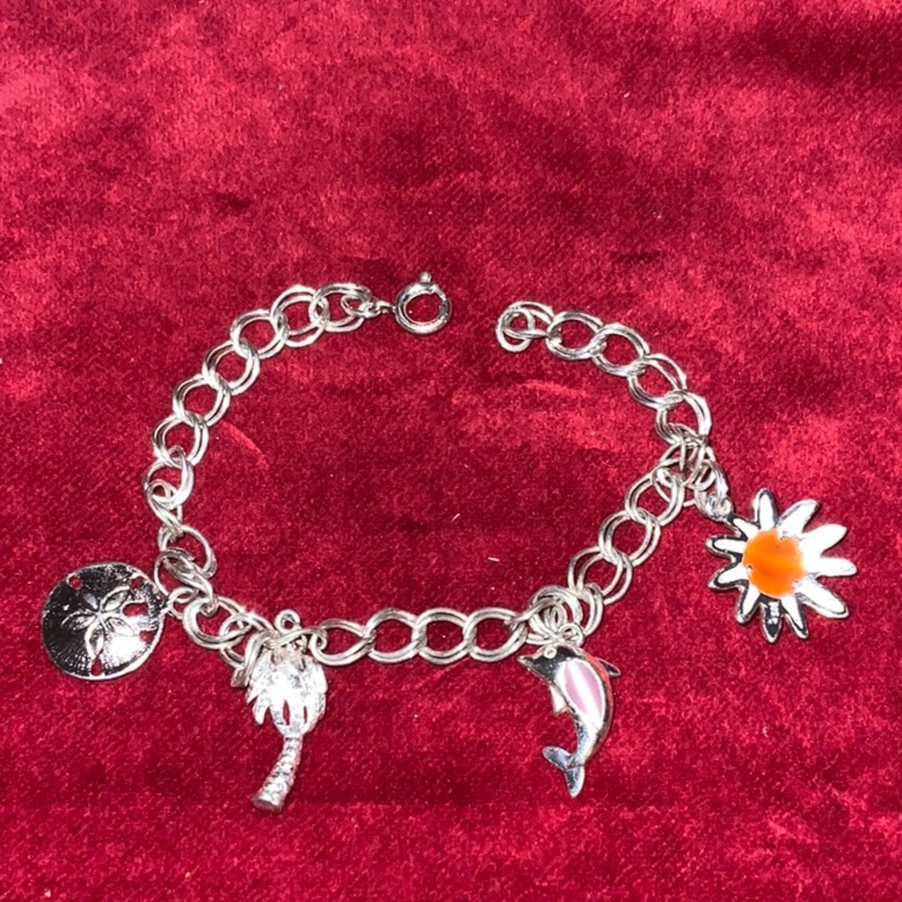 ARTIST MADE BEACH CHARM BRACELET FLOWER DOLPHIN PALM TREE AND SAND DOLLAR